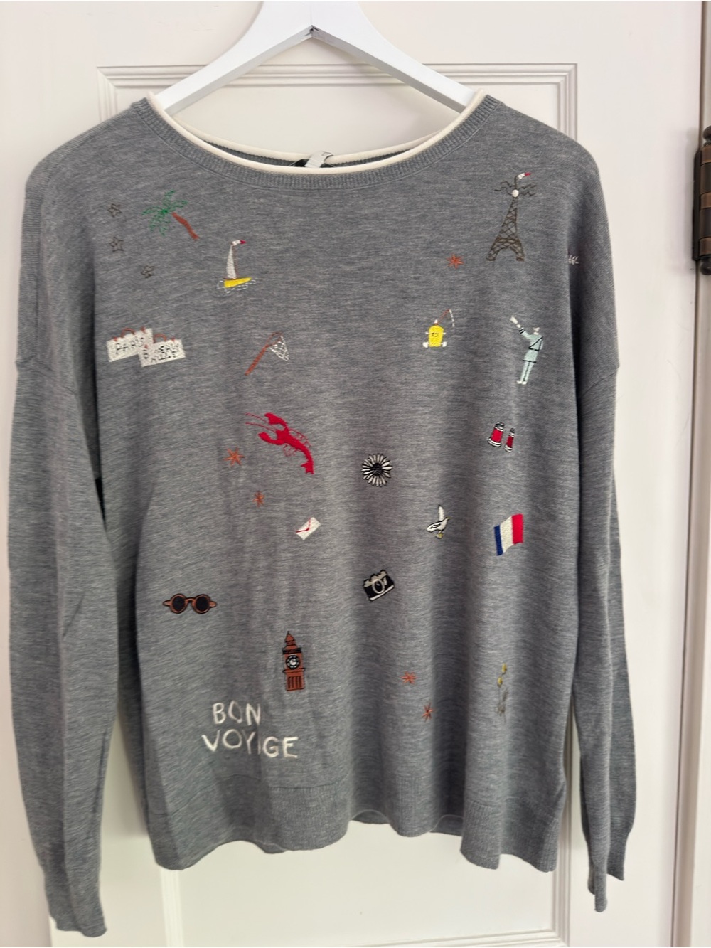 Joie Gray Crewneck Sweater with Travel Embroidery